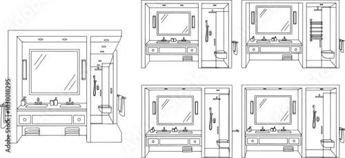 Black and white line drawing of a modern bathroom with double vanity and shower interior