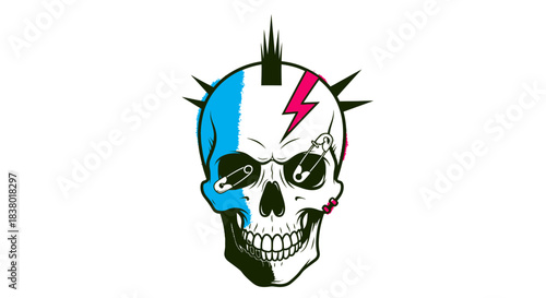 Stylized skull with punk rock mohawk and lightning bolt design.
