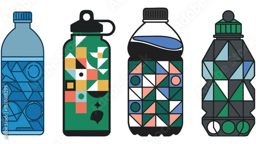 Vibrant water bottles with colorful geometric patterns