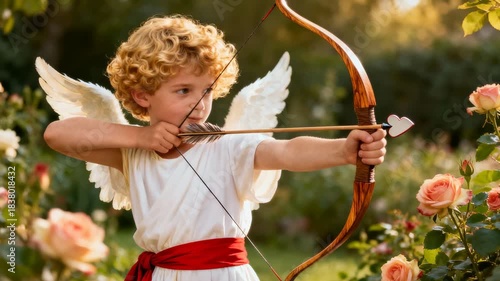 Cherubic child angel with wings and wooden bow aims heart tipped arrow in rose garden at golden hour, whimsical romantic scene