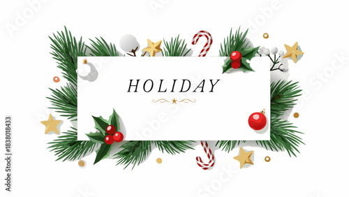 Festive holiday greeting card with pine branches holly berries candy canes and stars