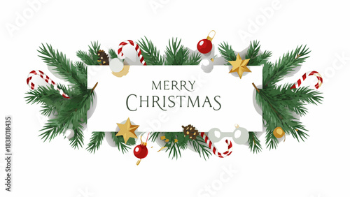 Festive merry christmas greeting card design with evergreen branches and traditional holiday decorations