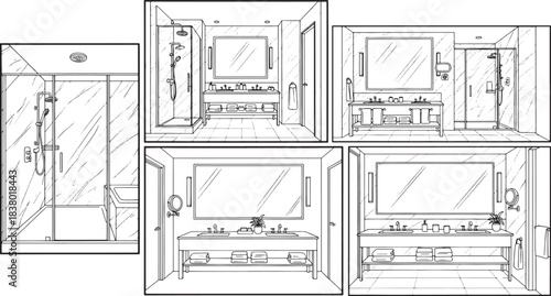 Bathroom interior design sketches with shower and vanity scenes drawing