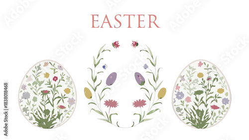 Delicate floral easter egg designs with a botanical spring theme and the word easter