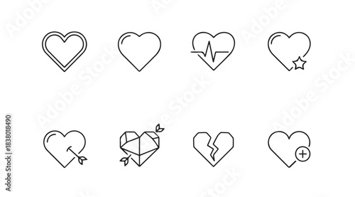 Collection of eight hand drawn heart icons in a simple silhouette style