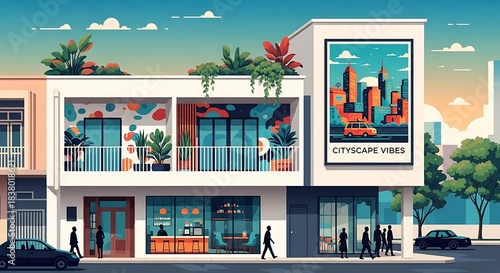 Flat vector illustration of a modern urban building with a storefront and rooftop garden.