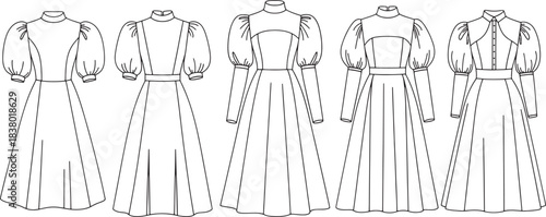 Five line art fashion illustrations of dresses with puff sleeves drawing