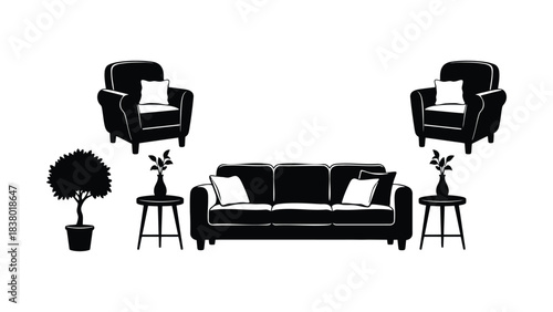 Modern living room furniture set in black silhouette