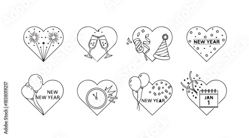 Collection of eight new year s eve celebration heart shapes silhouette
