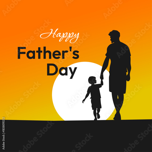 Father and child walking against sunset background illustration vector banner in orange color