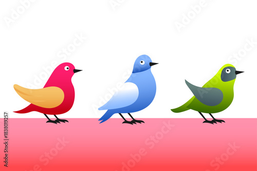 Set of vector design of birds in different colors of different shapes standing