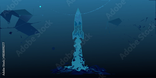 A stylized illustration of a rocket launching from a deep blue ocean