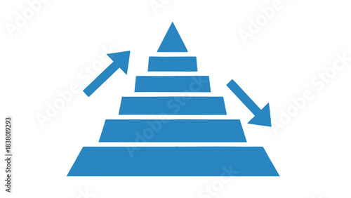 Blue pyramid diagram with arrows showing upward and downward movement on a black background symbolizing progress growth and decline