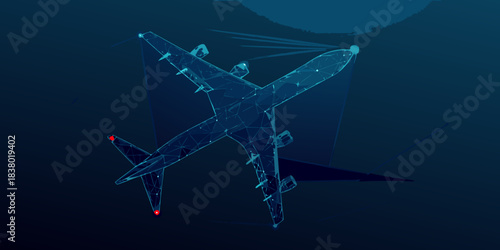 Futuristic low poly airplane design in a dark blue digital space
