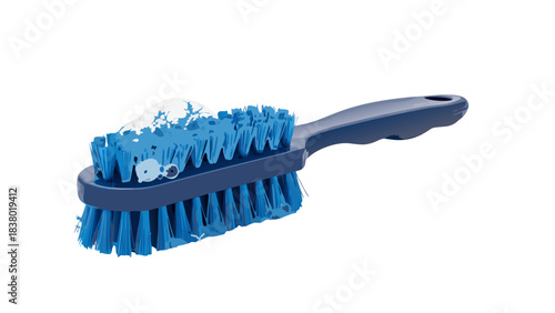 Blue Bristle Scrub Brush with White Snow Like Substance on Dark Blue Handle Isolated on Black Background