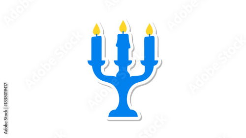 Blue Candelabra With Three Lit Yellow Candles On A Black Background With A White Border And Soft Shadow