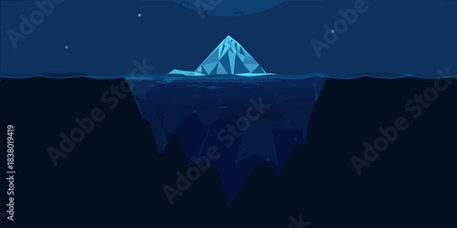 A geometric iceberg floats amidst dark ocean waves under a starry night