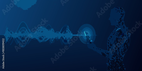 A man interacts with a futuristic interface of sound waves and digital data