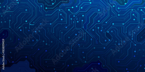 Abstract blue circuit board pattern with interconnected lines and nodes