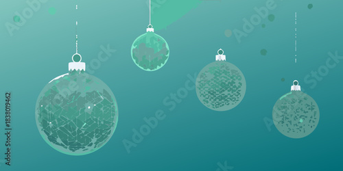 Hanging teal christmas ornaments with pixelated snow inside a festive decoration