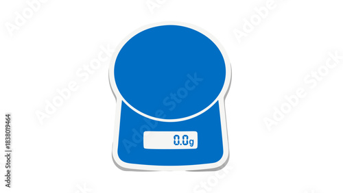 Blue digital kitchen scale with a round platform and a digital display showing zero grams isolated on a black background suitable for food preparation and weighing ingredients