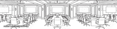 Line drawing of a modern conference room with multiple tables and chairs meeting room office