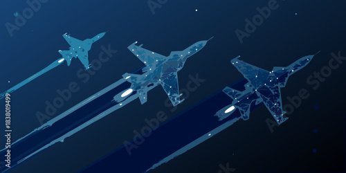 Three fighter jets in flight leaving white contrails against a dark blue sky