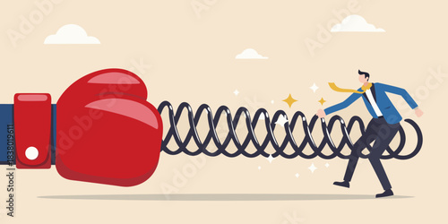 A businessman stretching a large spring with a giant boxing glove