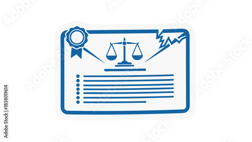 Blue Legal Document With Scales of Justice and Certificate Graphic on White Background with Jagged Line Graph