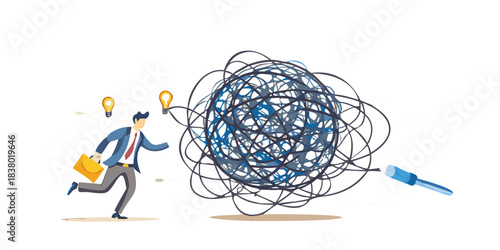 A businessman attempts to untangle a massive knot of cables and wires