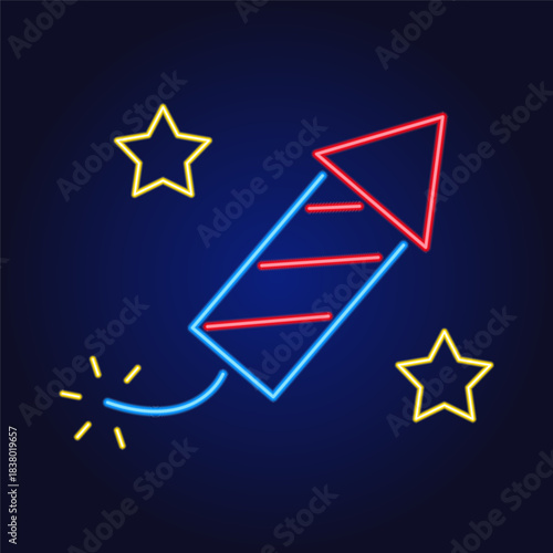 Firecracker neon icon with editable stroke and spark explosion. Minimal festive pictogram for Christmas, New Year, party invitations, web, apps and celebration designs.
