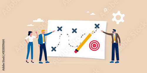 Team strategizing with a roadmap target and pencil on a whiteboard
