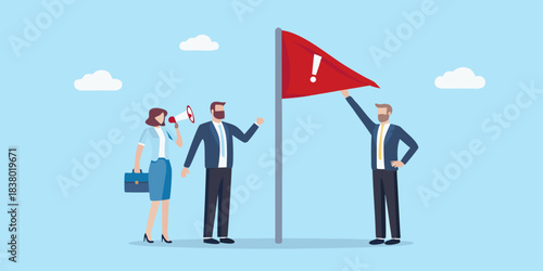 Business team announces important news with a raised flag and megaphone