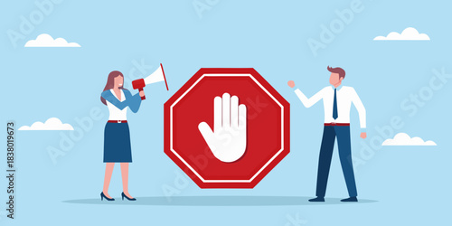 Business communication breakdown a woman announces a stop to a perplexed man