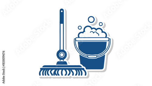Blue Mop And Bucket With Soap Bubbles Isolated On Black Background Representing Cleaning Supplies And Household Chores