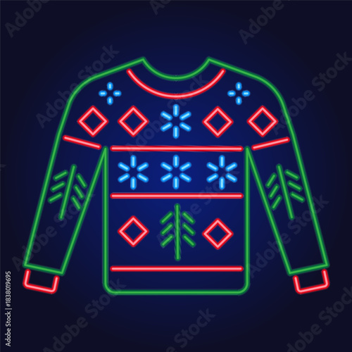 Glowing neon ugly Christmas sweater icon with bright festive pattern and holiday motifs. Modern light sign style for Xmas party posters, web, apps and social media.