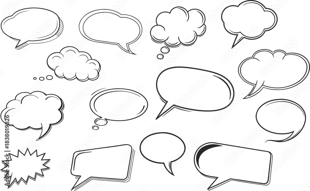 Obraz premium Hand-Drawn Speech and Thought Bubble Set in Sketch Style for Comics and Graphic Design