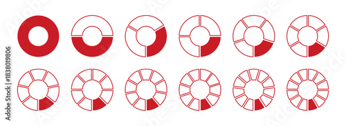 Wheel round red divided diagrams with two, three, four, five, six, seven, eight, nine, ten, eleven, twelve segments. Circle division on 1, 2, 3,  5, 6, 7, 8, 9, 10, 11, 12 equal parts. Coaching blank.