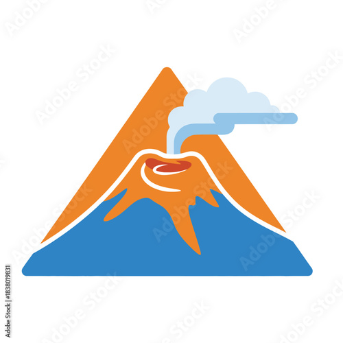 Stylized volcanic eruption with smoke and lava flowing down a mountain.
