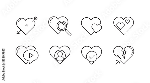 Collection of eight hand drawn heart icons in a sketchy silhouette style