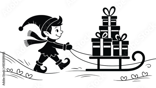 Happy elf pulling sleigh with gifts in winter scene