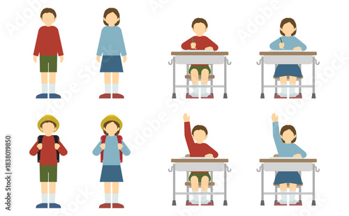 フラットイラスト：私服の小学生セット(正面)
