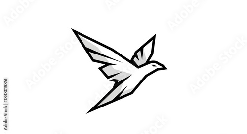Stylized white bird in flight with geometric lines and sharp edges.