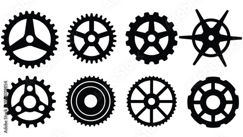 Eight black gear icons for industrial designs and mechanical concepts