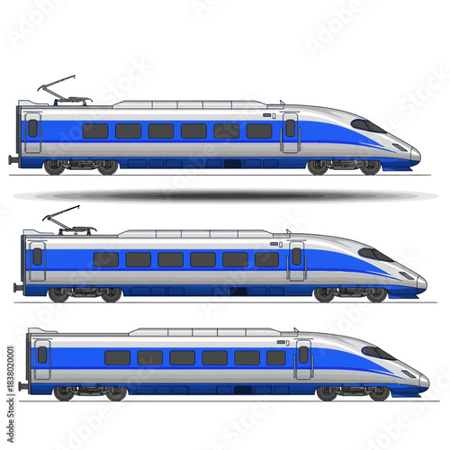 Three modern blue and silver high-speed trains in a row, showcasing sleek design and advanced transportation.