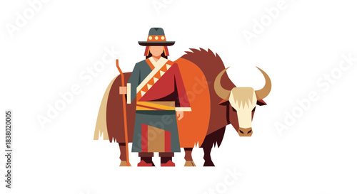 Tibetan man in traditional attire with a yak, representing Himalayan culture.