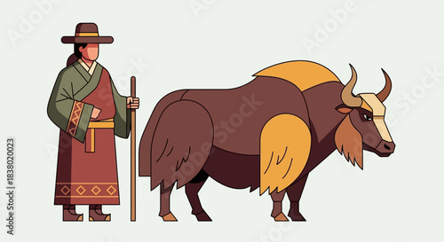 Tibetan herdsman with a yak, traditional attire, and a staff, showcasing cultural heritage.
