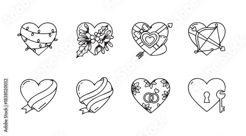 Collection of eight unique hand drawn heart shapes with decorative elements silhouette