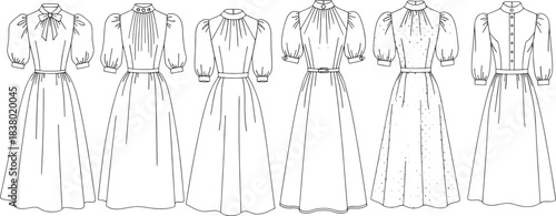 Six black and white line drawings of vintage style dresses with puffed sleeves fashion illustration
