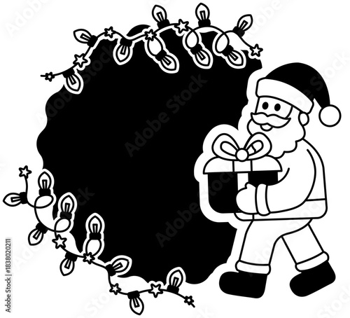 black and white illustration of a Santa holding a gift box banner surrounded by Christmas lights